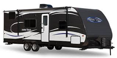Black and white Aspen Trail travel trailer with awning and black cover.