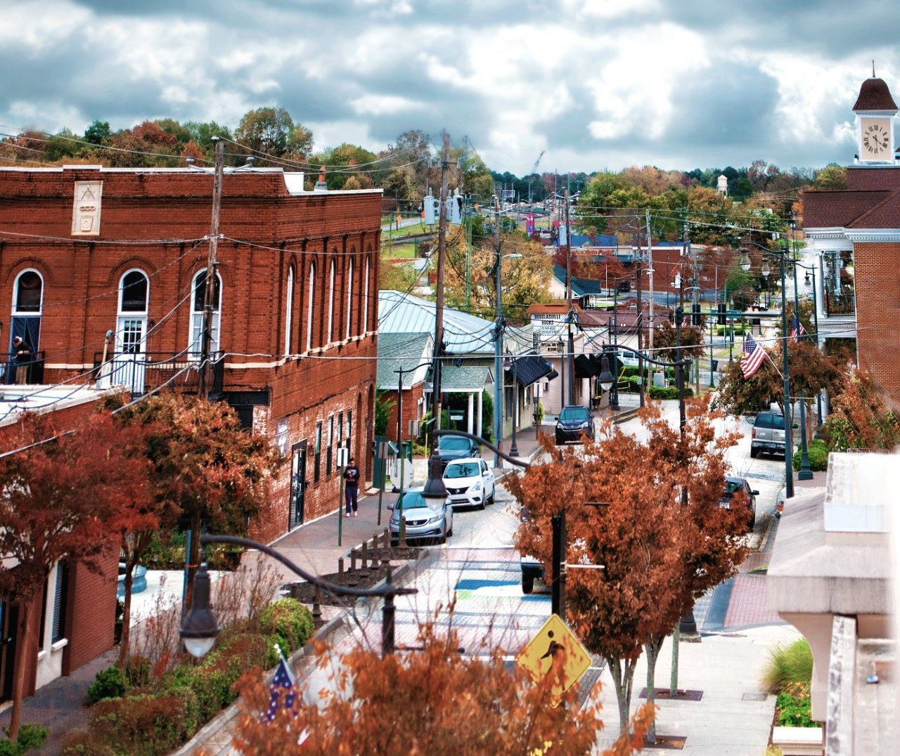 An aerial view of a small town on a cloudy day in Douglasville Ga