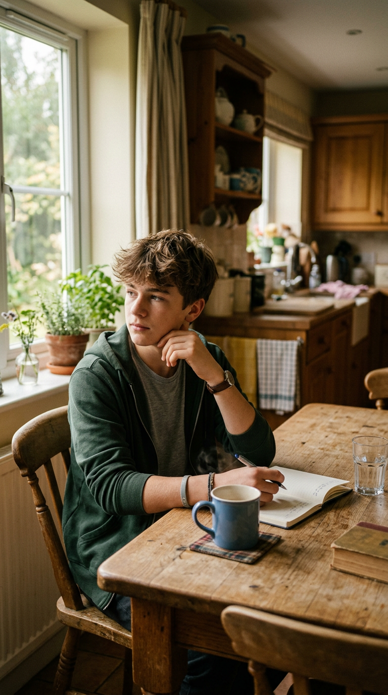 Teenage boy sitting at a kitchen table looking thoughtful