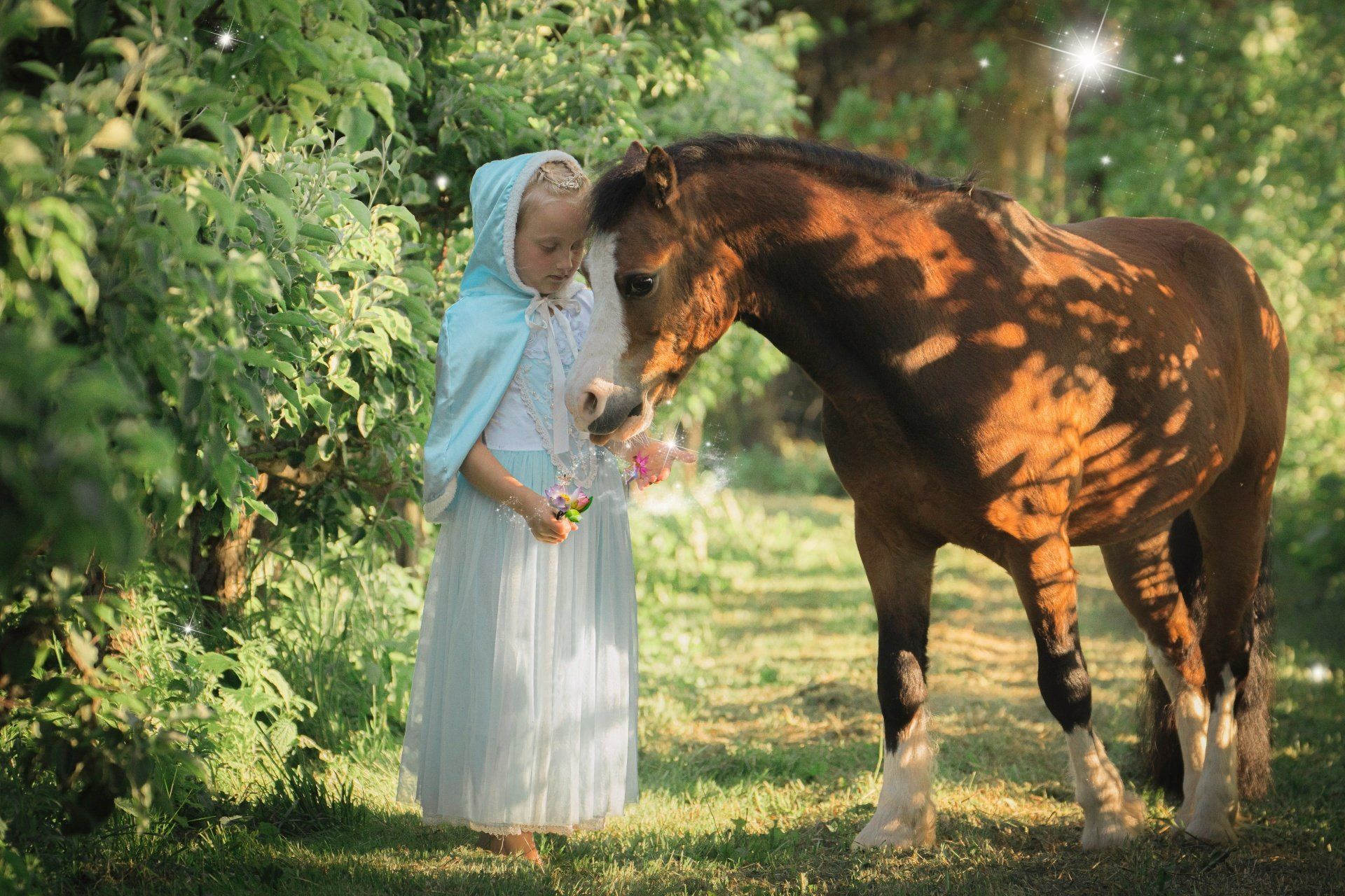 Een klein meisje staat naast een bruin paard.