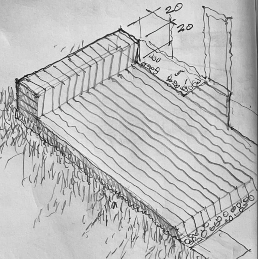 Hand-drawn sketch of a deck or platform with steps and railings, showing measurements.