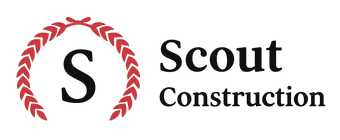 Logo for Scout Construction, featuring a red wreath around a black "S" and the company name.