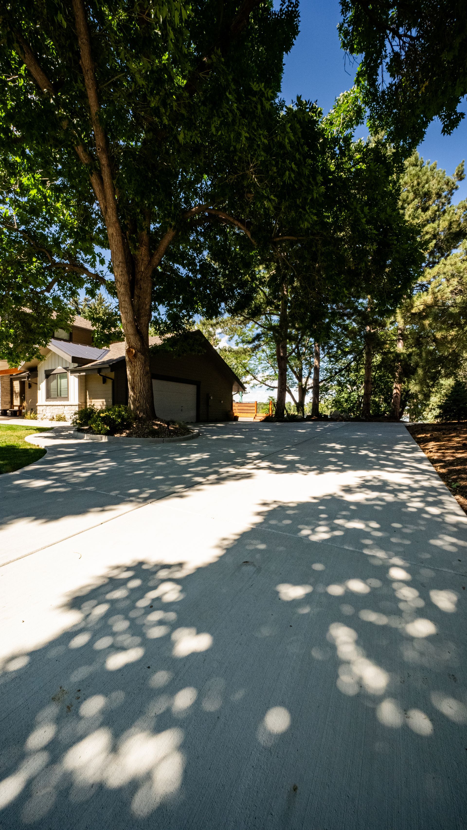 Driveway beside a house and garage under tall trees, with bright sunlight and dappled shadows.