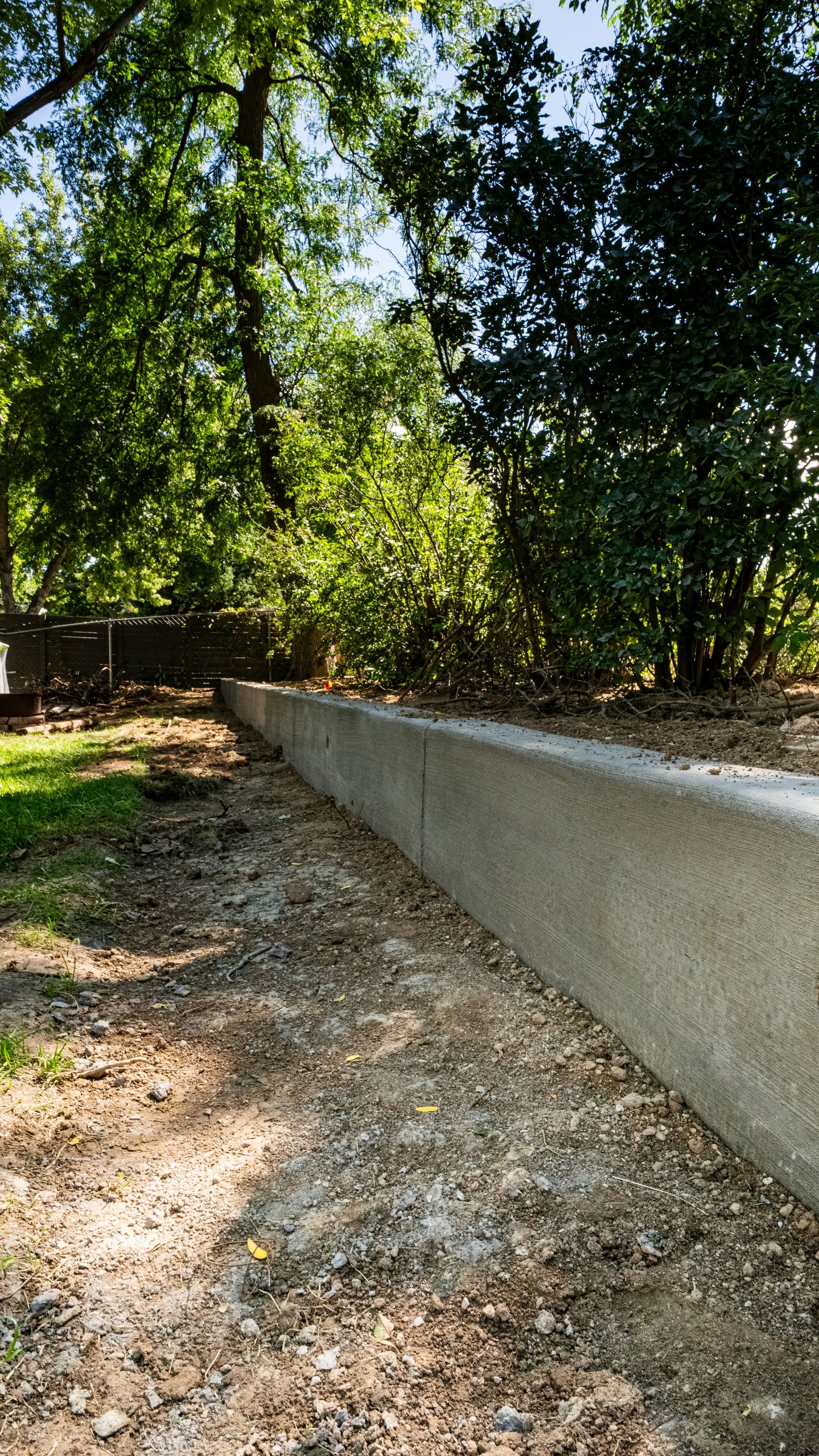 Gravel path beside a low concrete wall under dense green trees and dappled sunlight