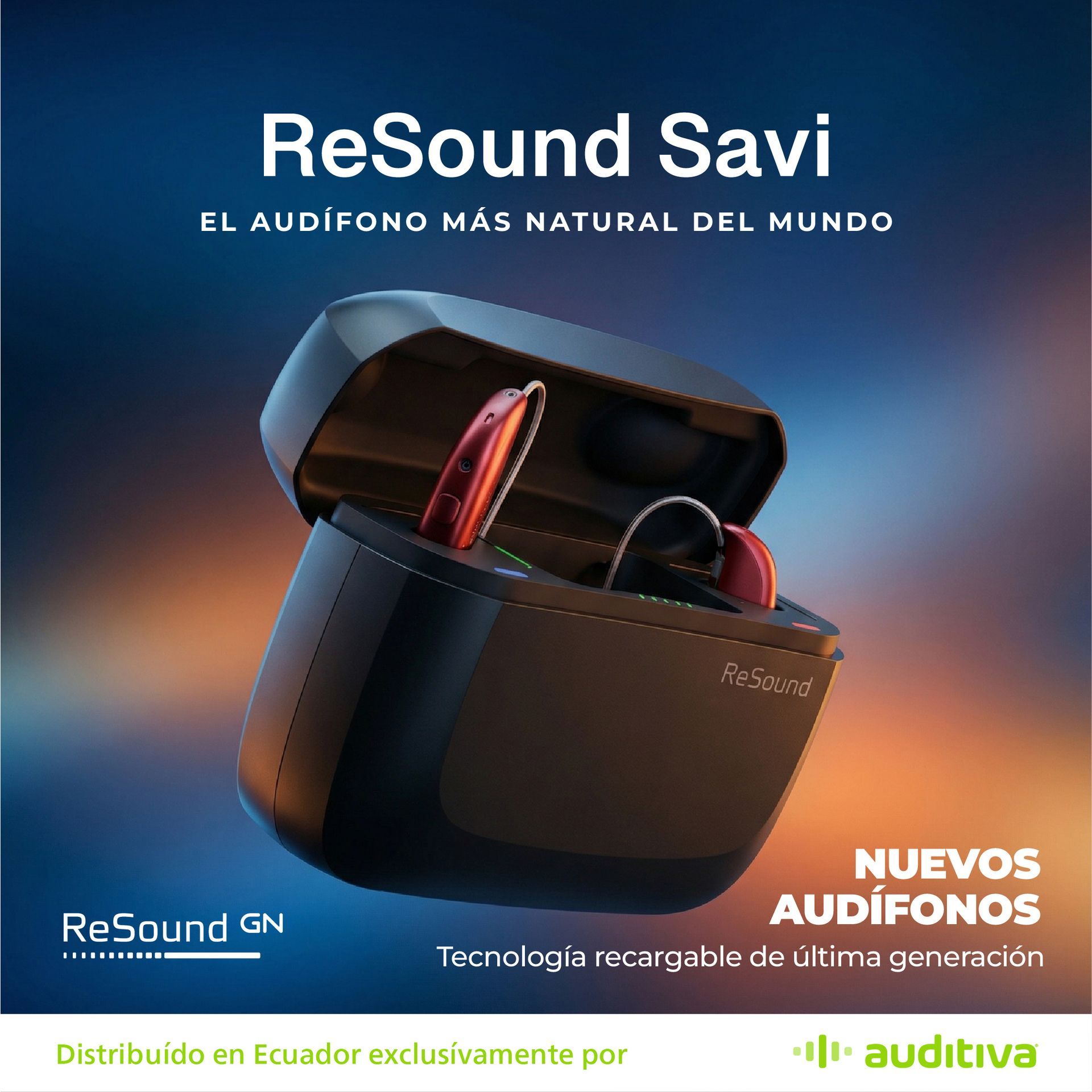 Audífonos ReSound Savi en estuche de carga, con texto en español, incluyendo