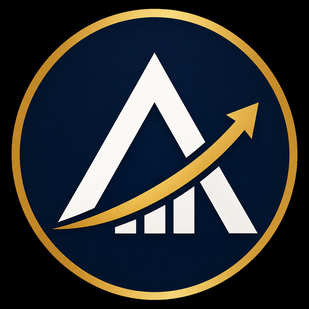 Gold-arrow logo on dark blue circle with white stylized A and rising bar chart
