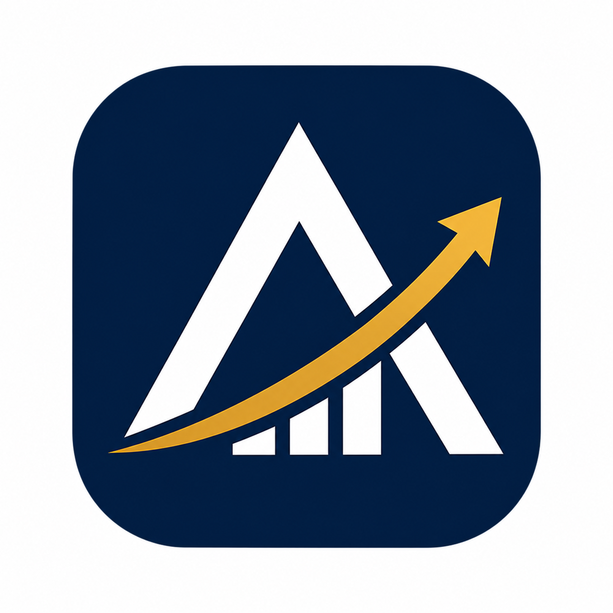 Dark blue app icon with a white rising chart and yellow upward arrow