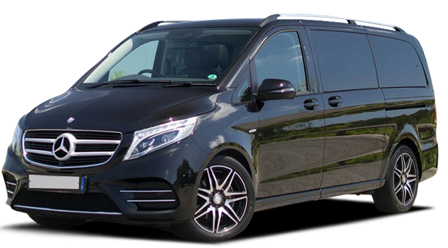 A black mercedes van is parked on a white background.