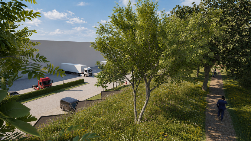 A couple sits on a park bench watching a child play with a soccer ball in front of modern garages and a parked car.