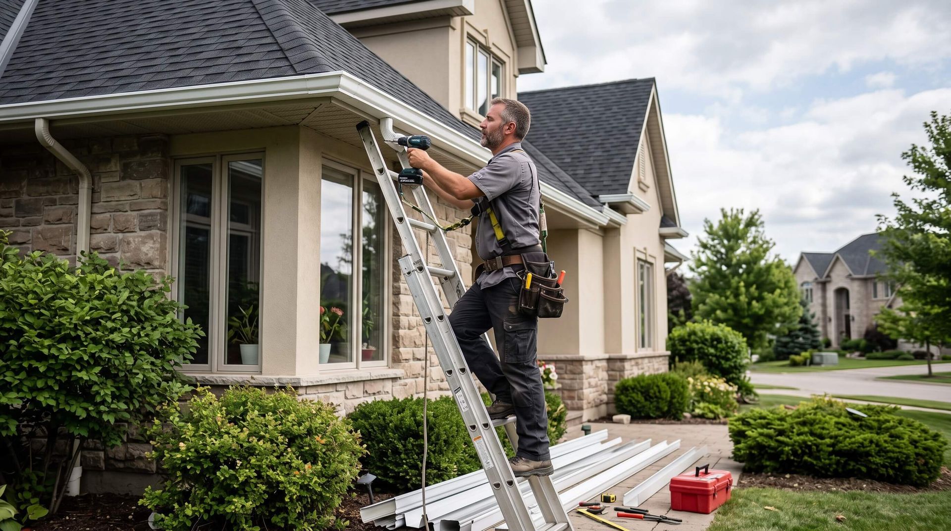 Handyman climbing up ladder to work on gutters