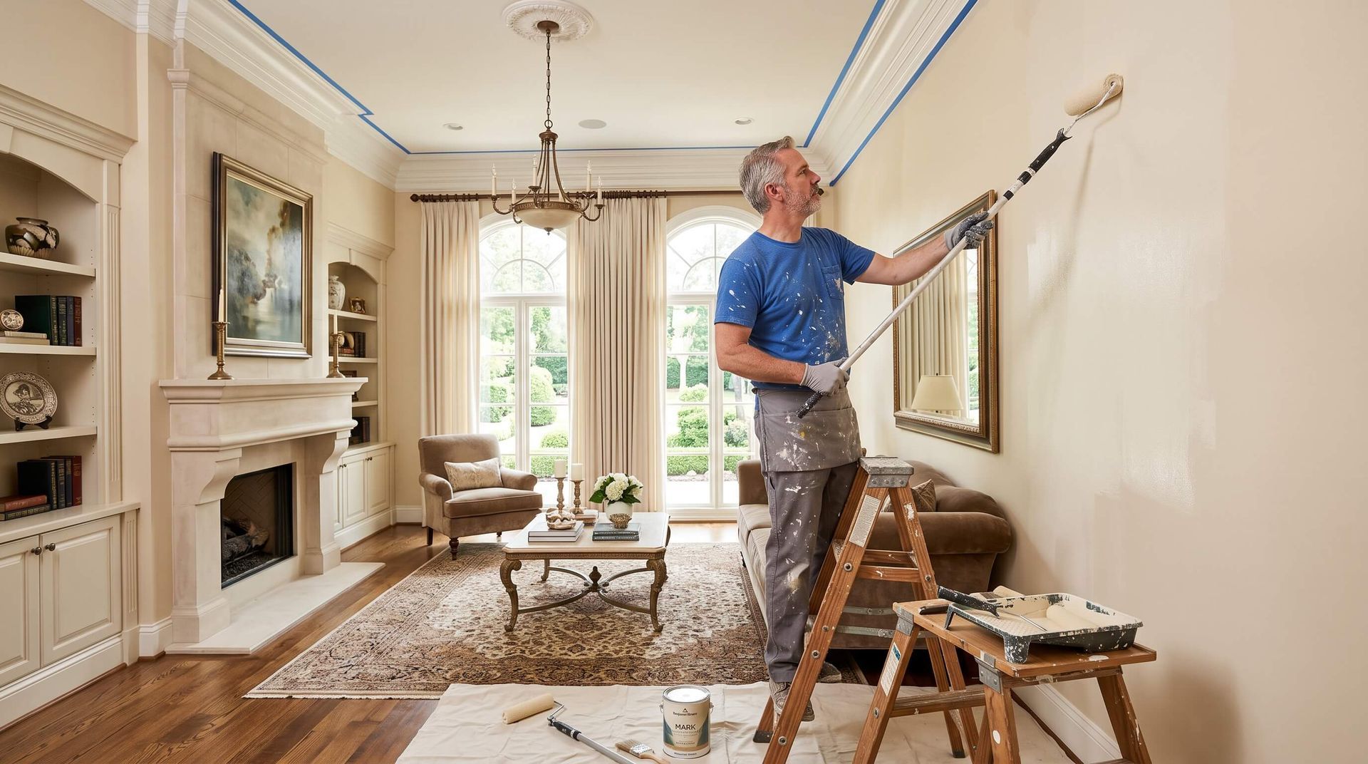 Handyman painting with handheld roller