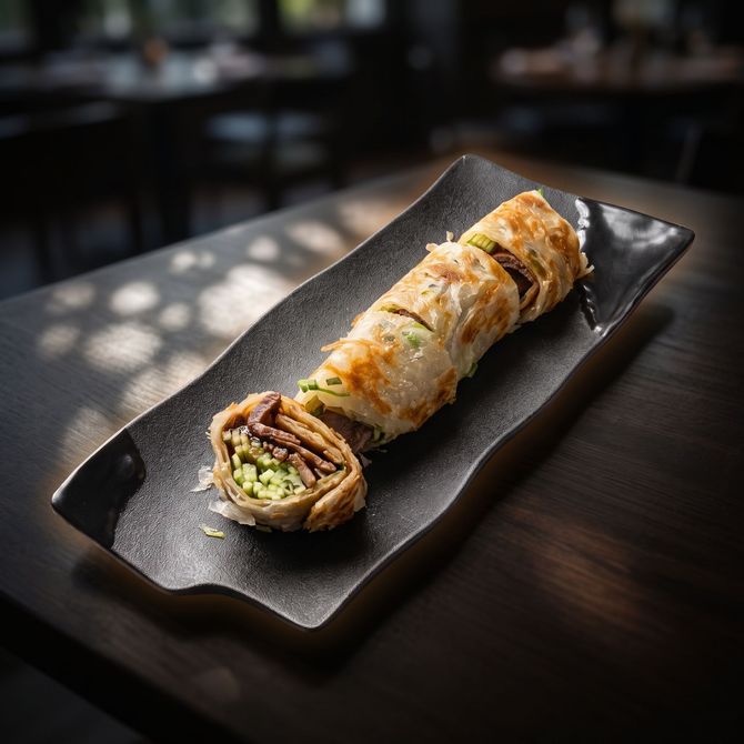 Sliced stuffed flatbread roll on a black rectangular plate in a dimly lit restaurant setting