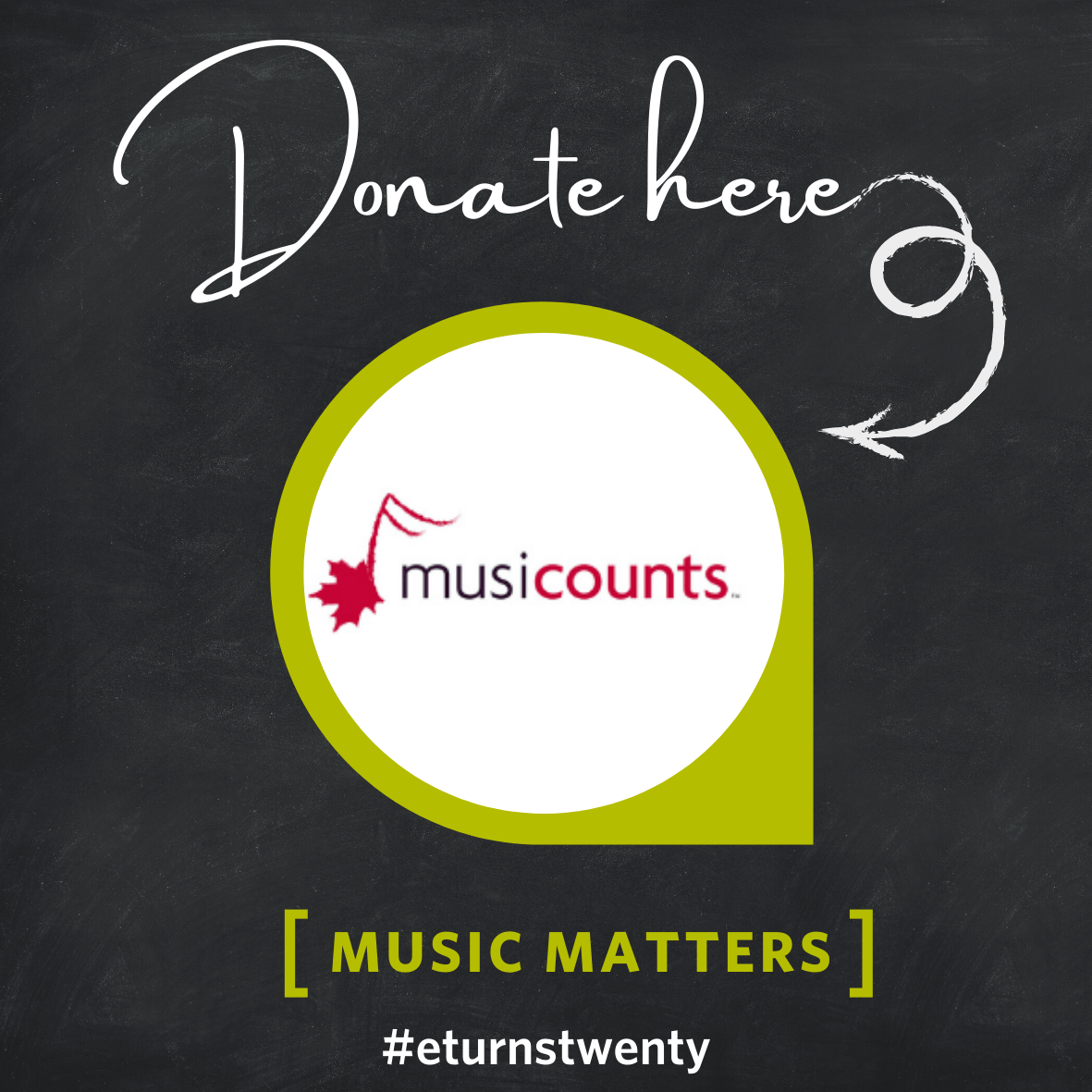 A chalkboard with the words donate here music matters
