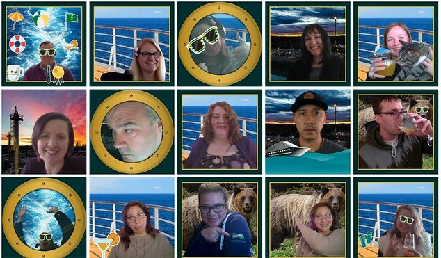 A collage of pictures of people and animals on a cruise ship
