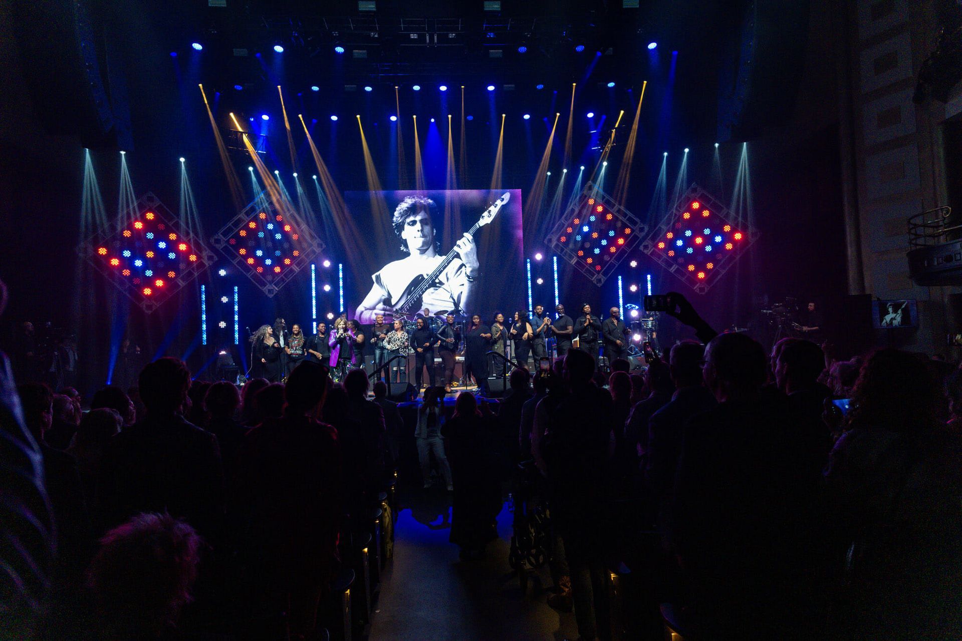 A group of people are standing in front of a stage at a concert.