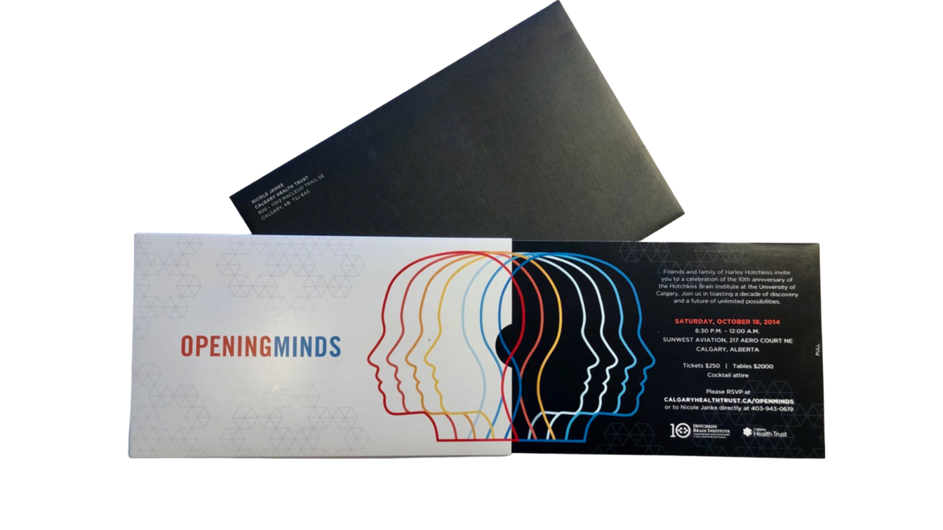 A black envelope with the words opening minds on it
