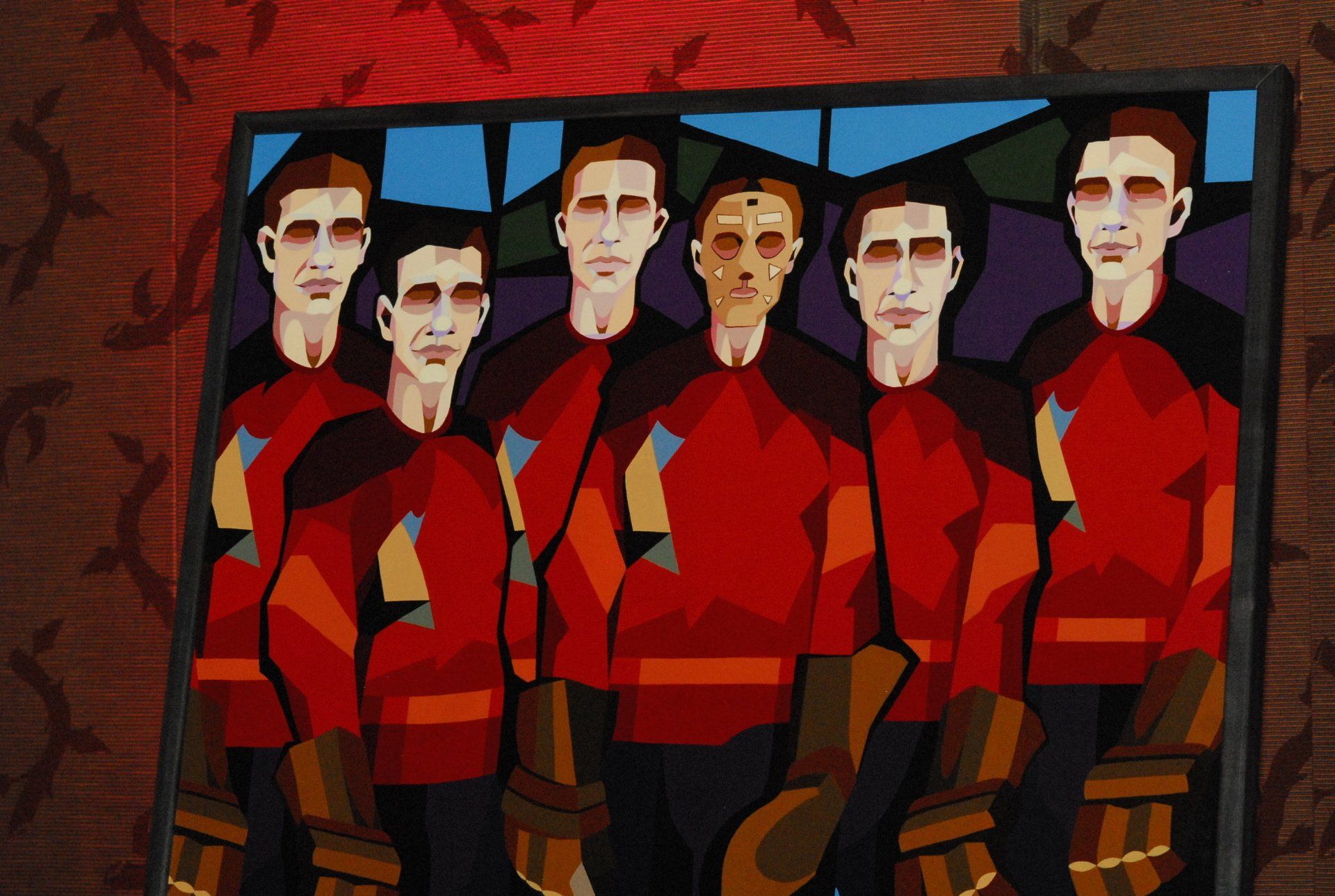 A painting of a group of men in red shirts