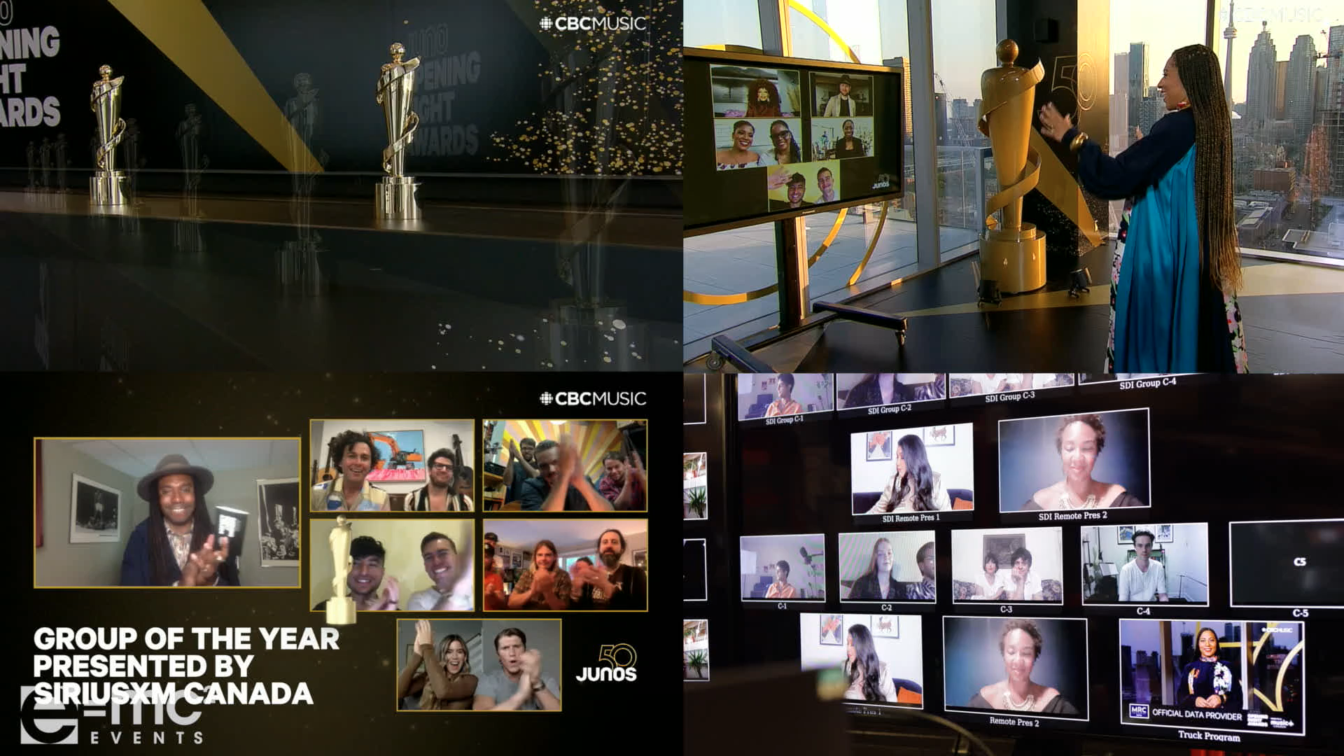 A group of people are sitting in front of a screen that says group of the year