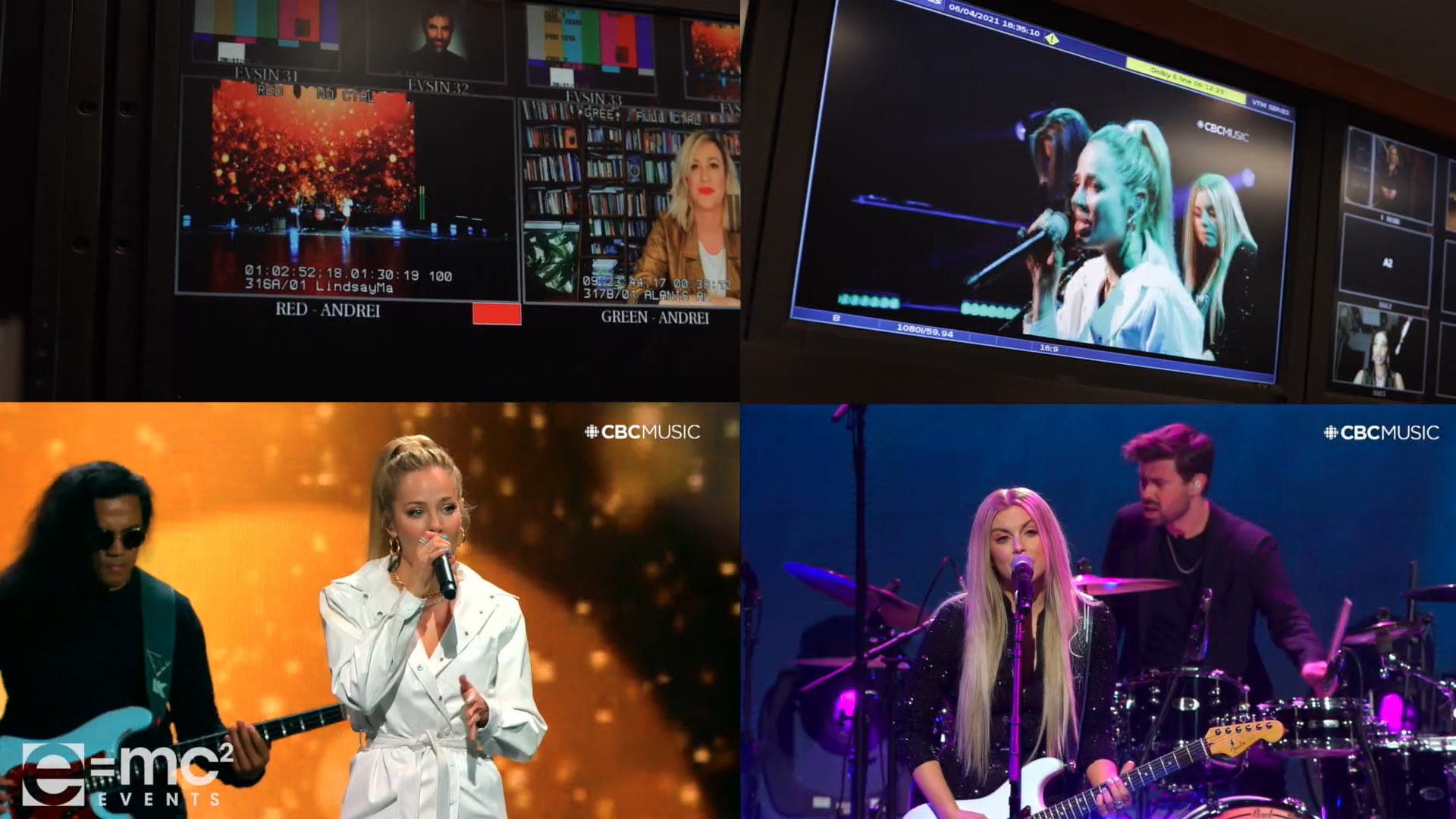 A collage of four pictures of a woman singing and a man playing a guitar