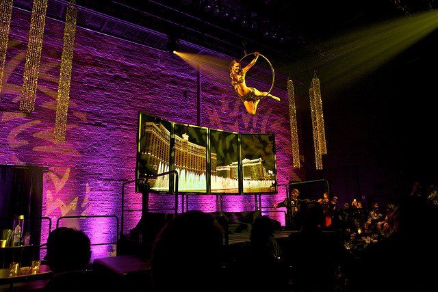 A woman is performing aerial acrobatics in front of a crowd.