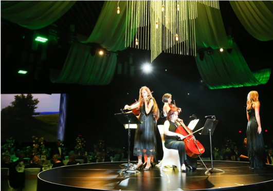 A group of people are playing violins and cello on a stage.