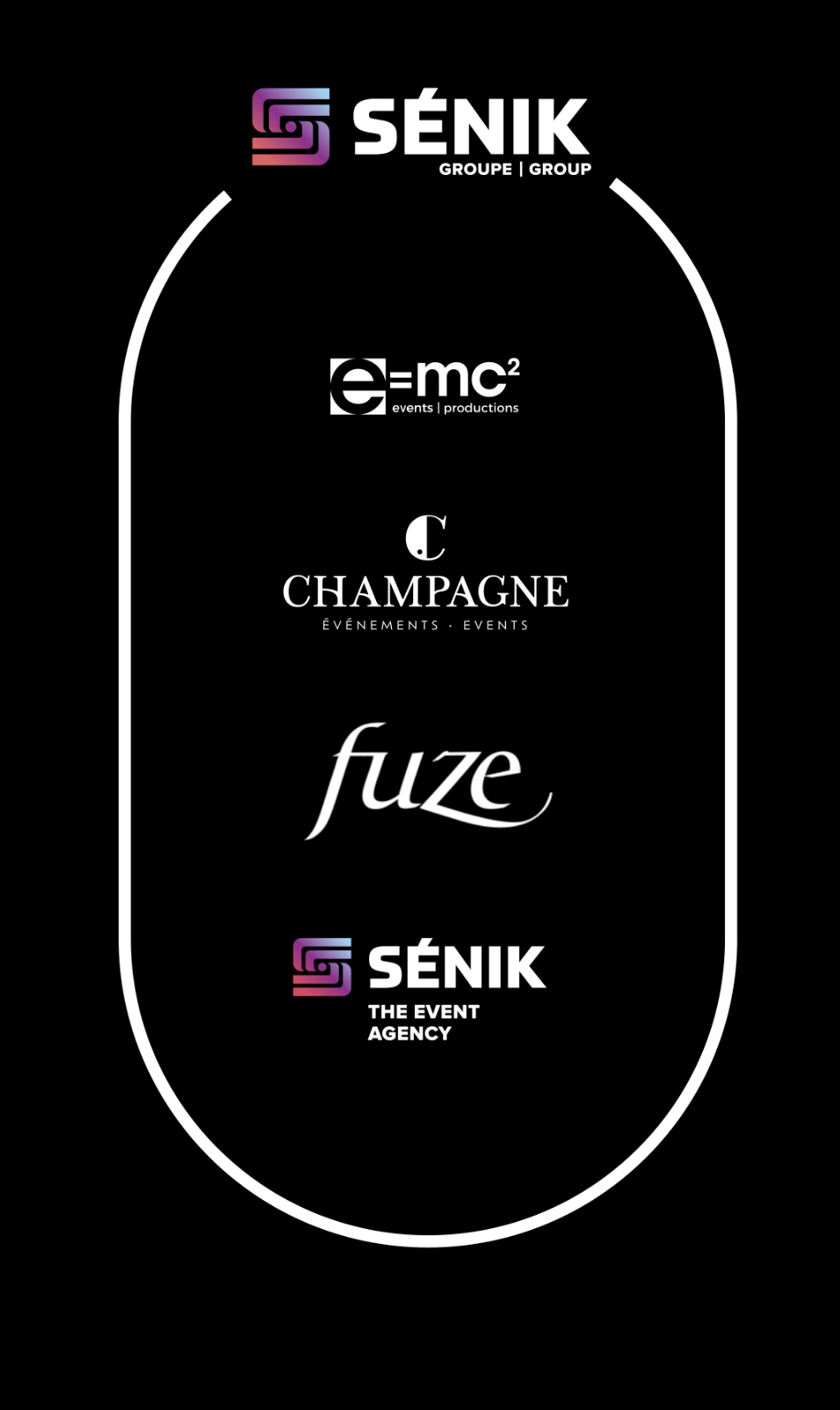 A black background with logos for senik champagne fuze and senik