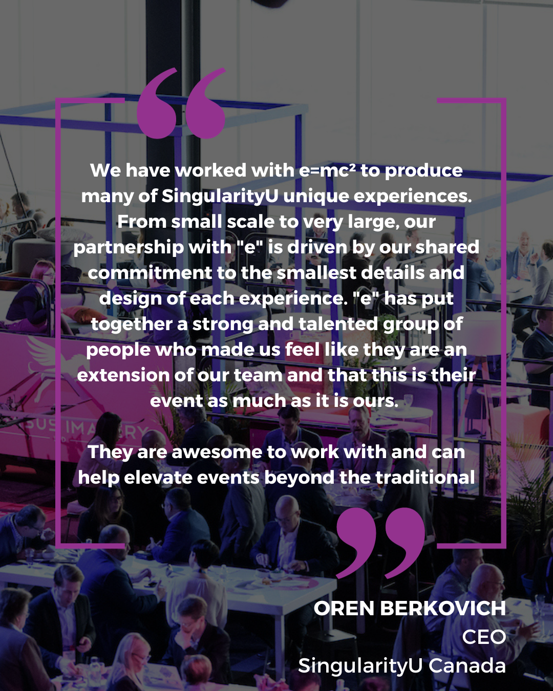 A group of people are sitting around a table with a quote from oren berkovich.
