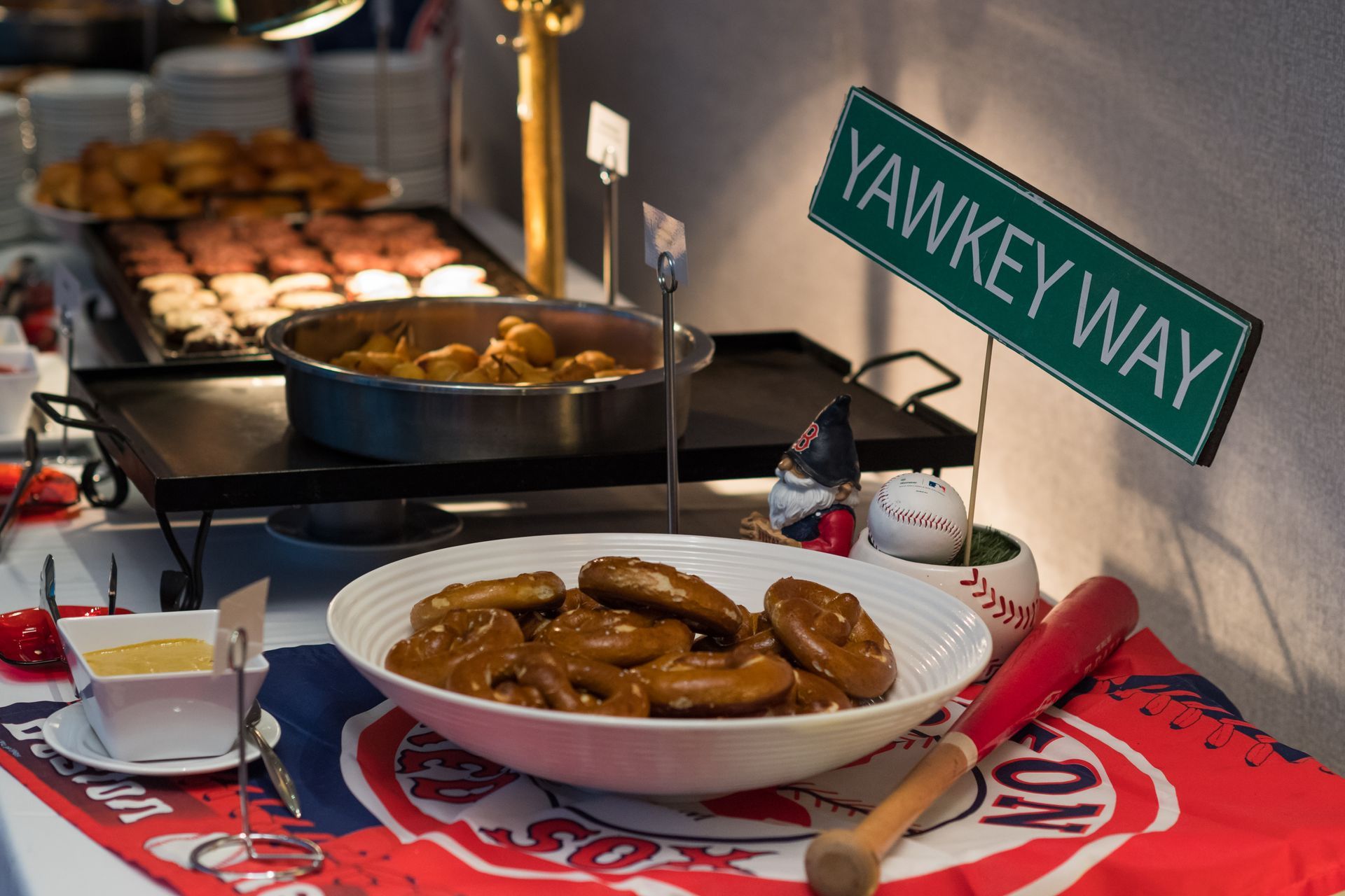 Buffet with baseball theme, including a 