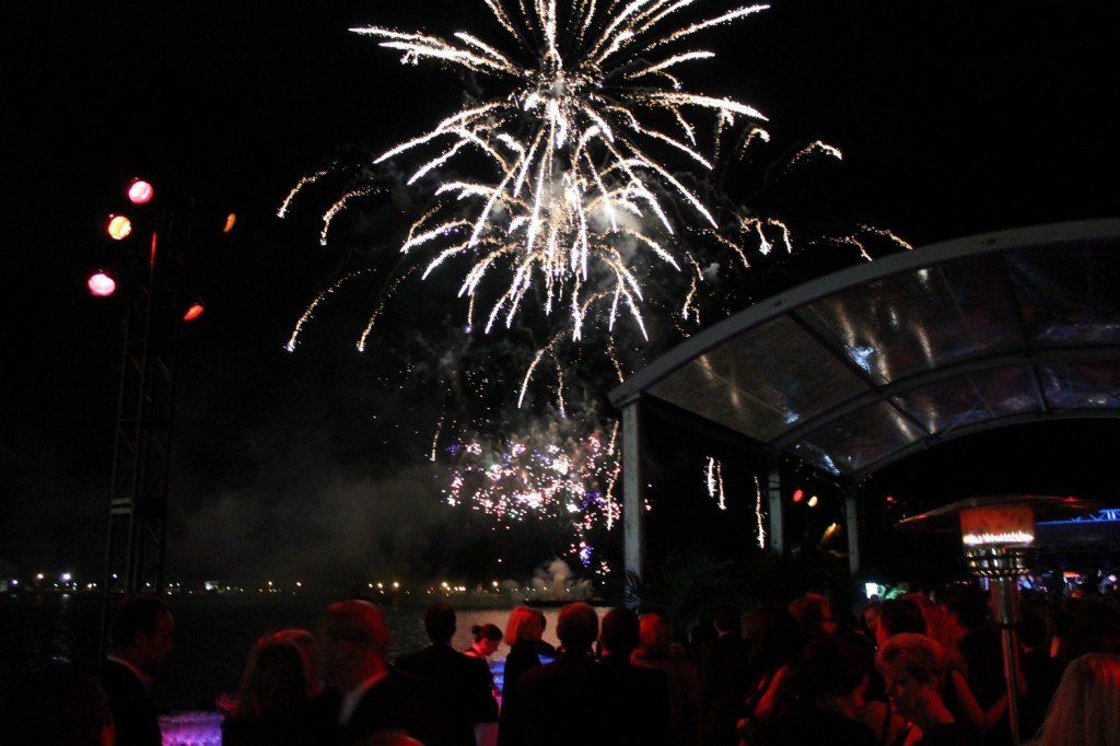 A crowd of people watching fireworks in the night sky