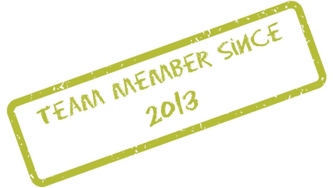 A green stamp that says team member since 2013