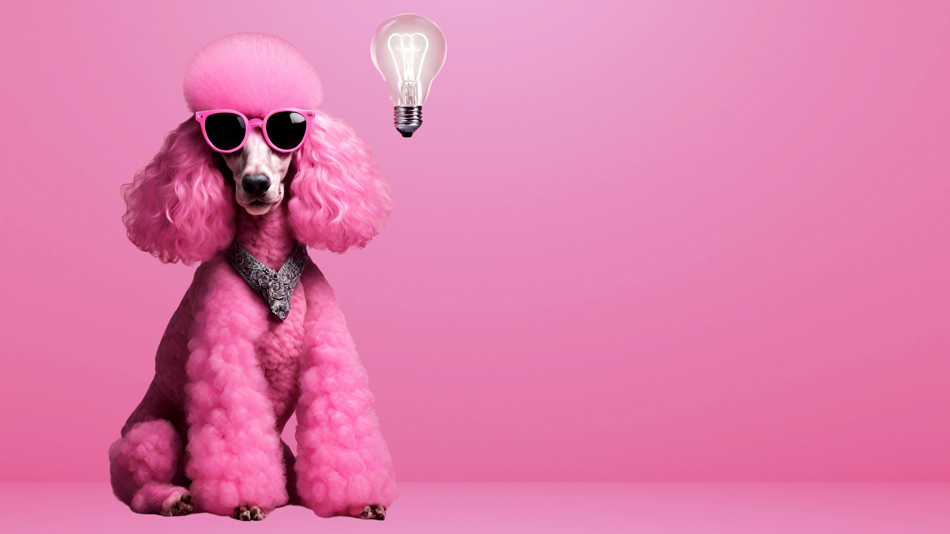 A pink poodle wearing sunglasses and a light bulb above its head.