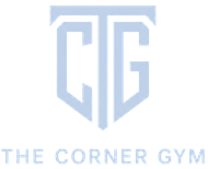 Light blue geometric “CG” logo with the words “The Corner Gym” below on a white background