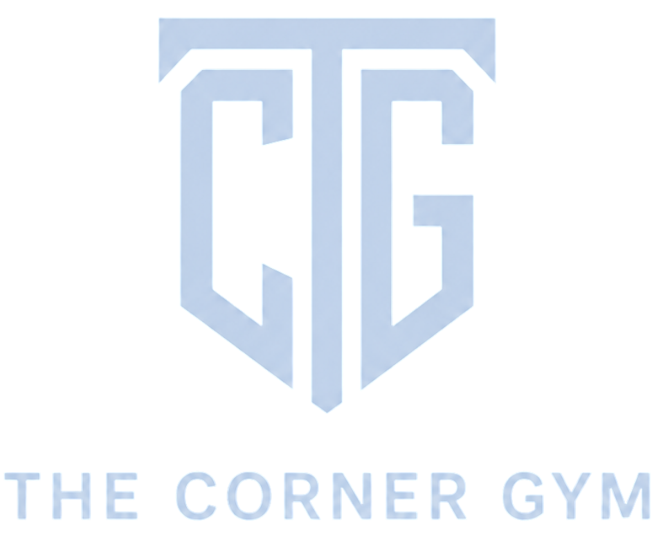 Light blue geometric &ldquo;CG&rdquo; logo with the words &ldquo;The Corner Gym&rdquo; below on a white background