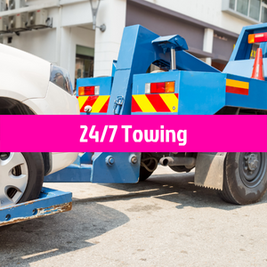 Blue tow truck lifting a white car, with “24/7 Towing” banner across the image.