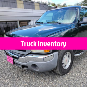 Dark green pickup truck parked outside with a pink “Truck Inventory” banner across the image