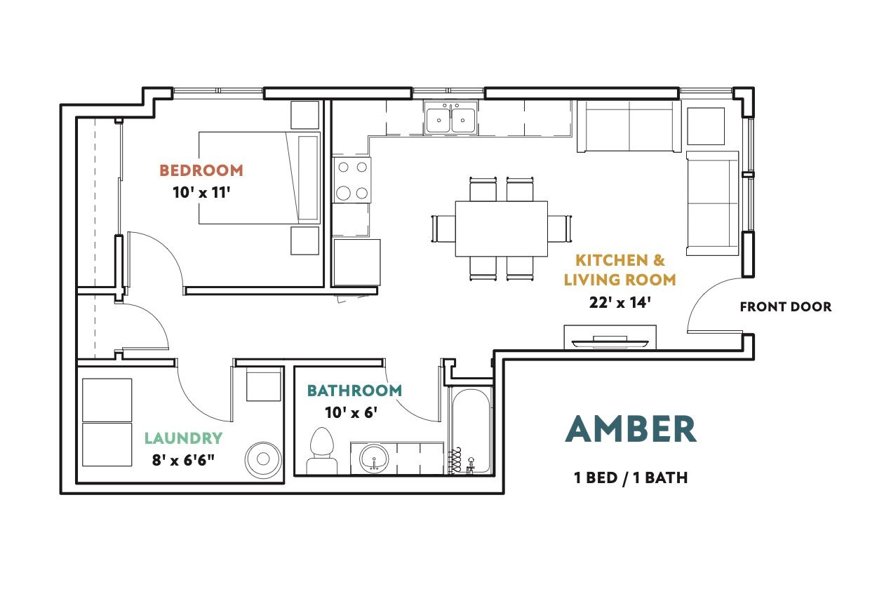 A floor plan of a house with a bedroom , bathroom , kitchen and living room.
