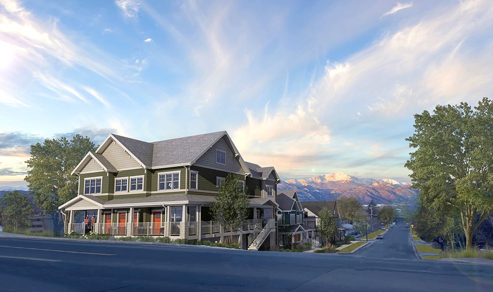 An artist 's impression of a house on the side of a road with mountains in the background.