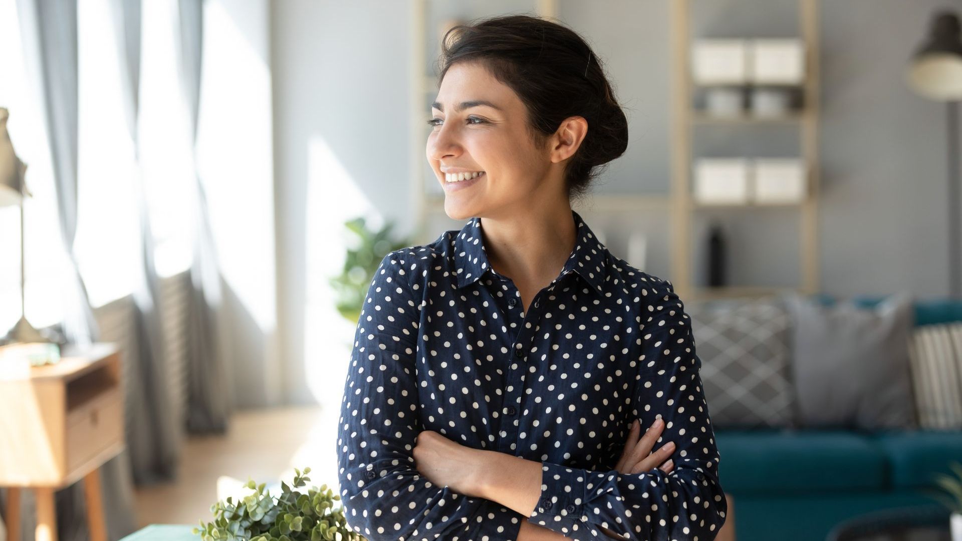 woman smiling looking outside