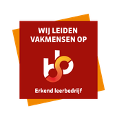A red square with wij leiden vakmensen op written on it