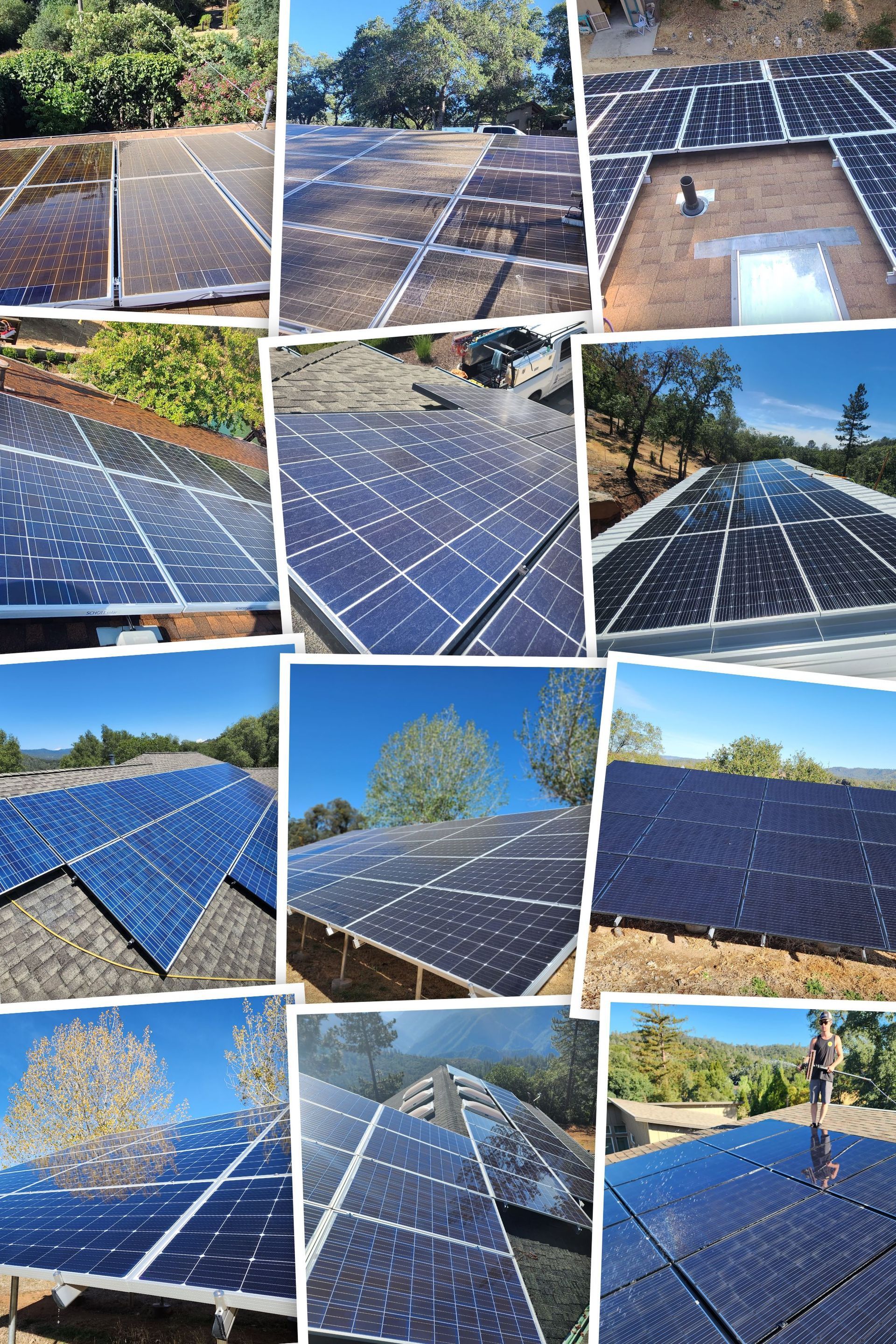 A collage of pictures of solar panels on a roof.
