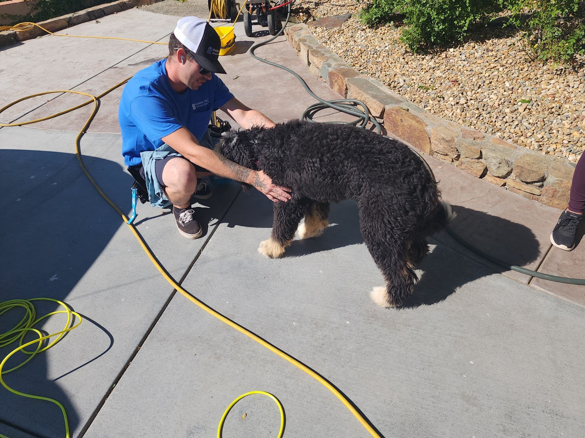 A man in a blue shirt is petting a black dog