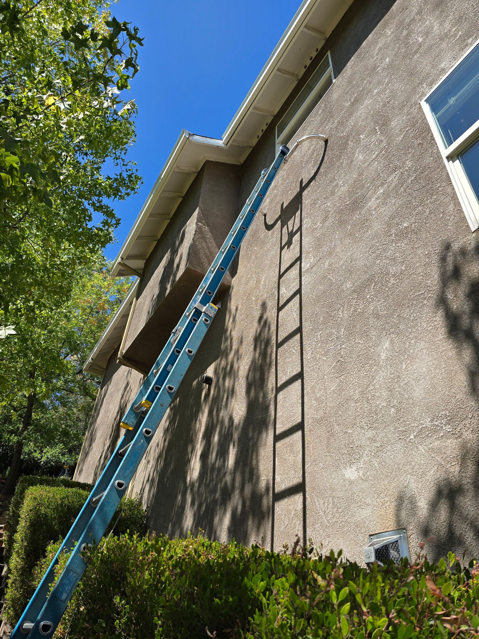 A man is standing on a ladder in front of a large house.