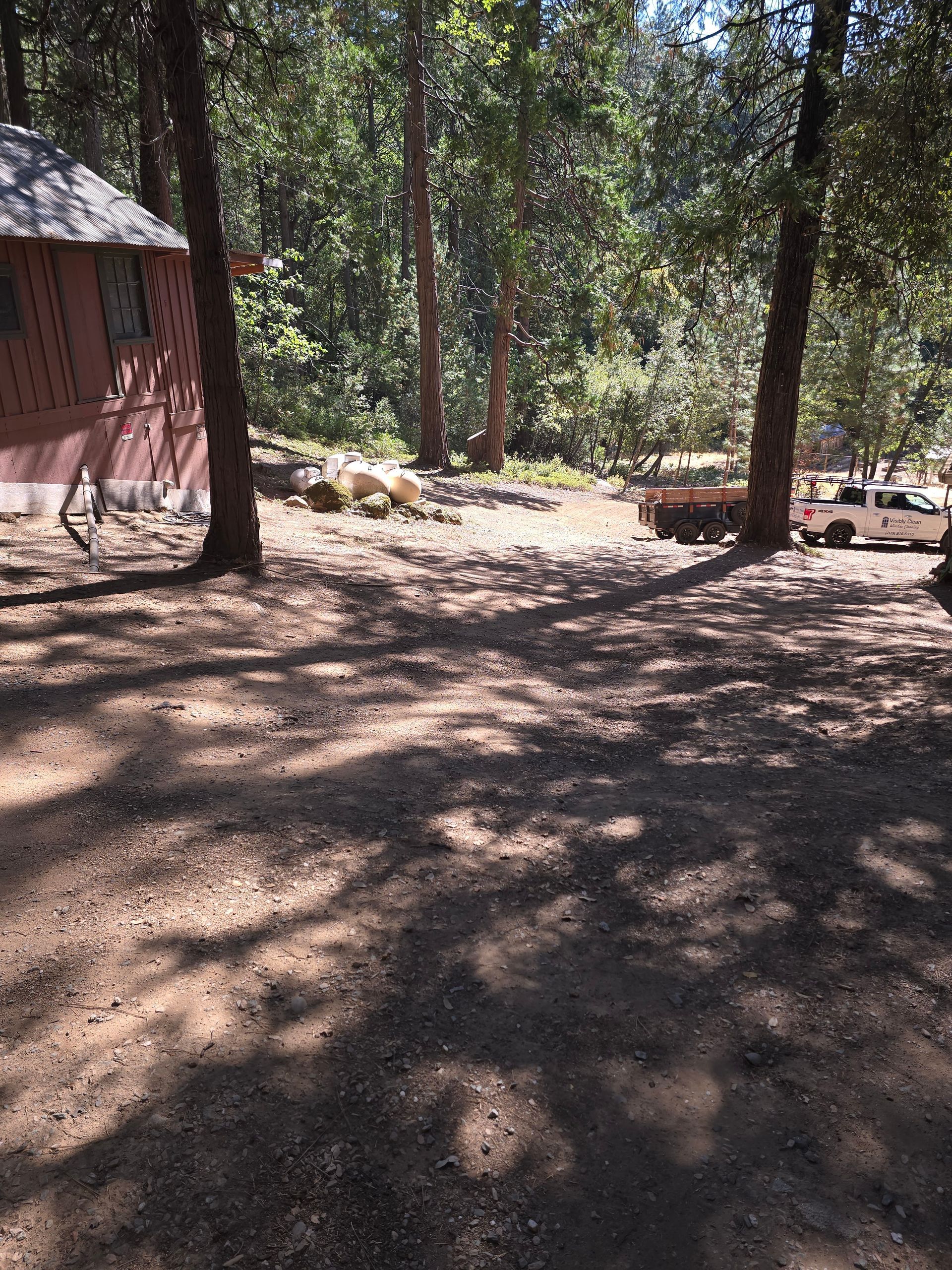 A house in the middle of a forest surrounded by trees