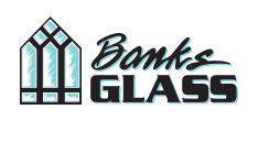 A logo for banks glass with a stained glass window on a white background.