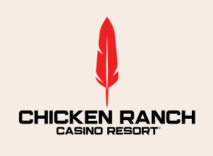A logo for chicken ranch casino resort with a red feather