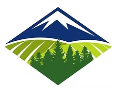 A logo with a mountain and trees in it