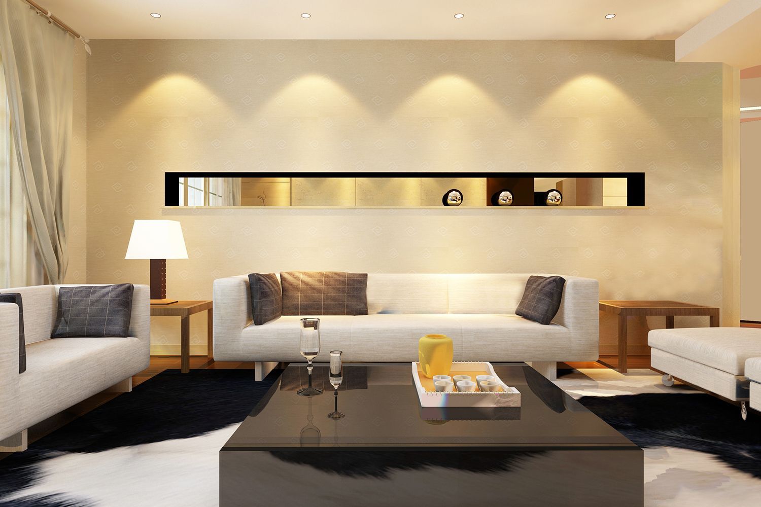 Modern living room with white sofas, black coffee table, and built-in wall shelf. Modern living room with white sofas, black coffee table, and built-in wall shelf.