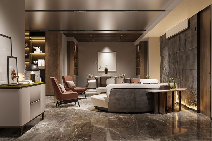 Modern living room with marble floors, seating area, and dining space. Neutral color palette, wood accents.
