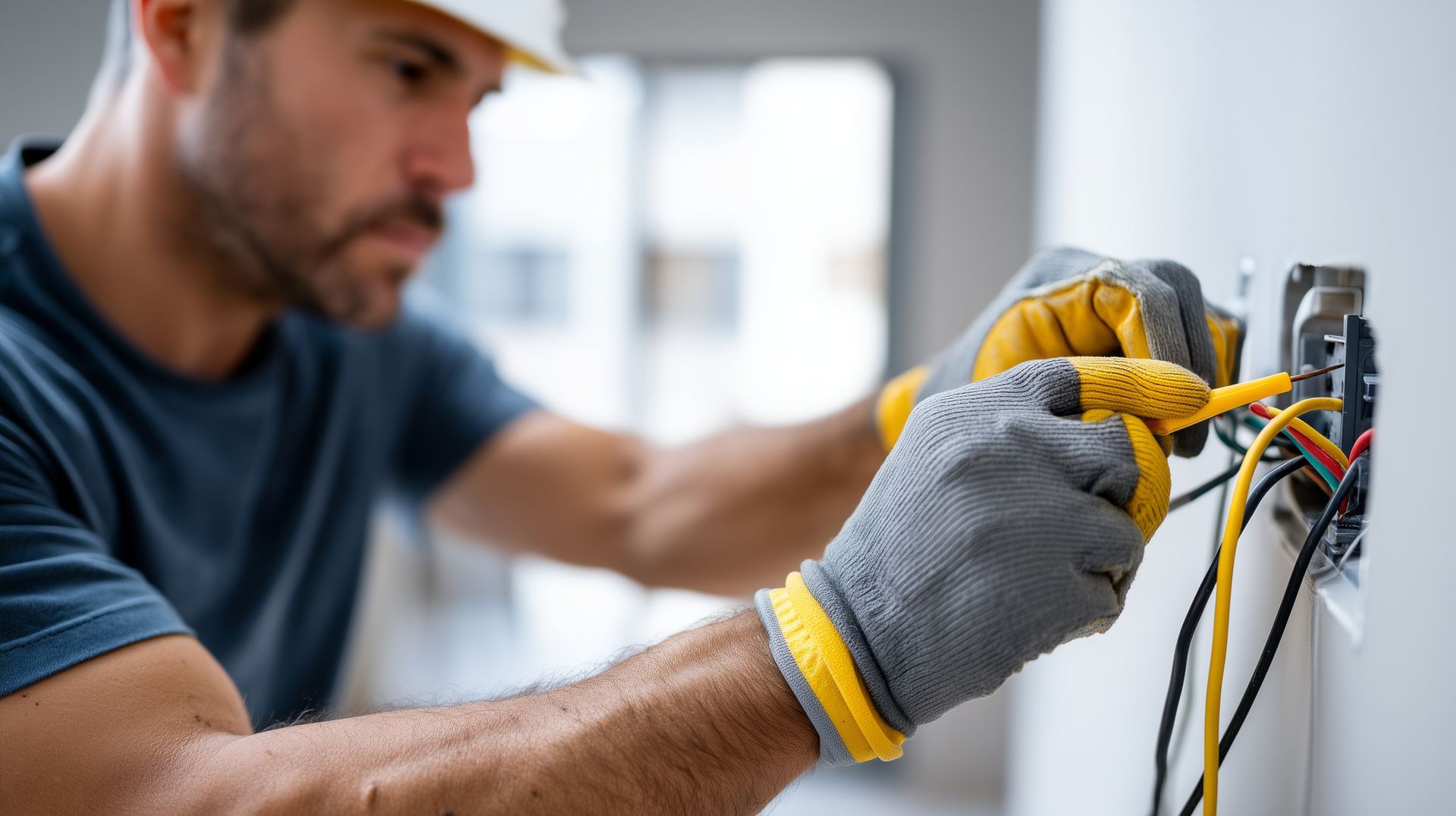 Electrician in gloves and hard hat repairing wiring in a home wall outlet.