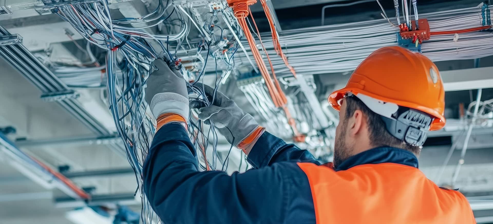 Electrician working on electrical wiring in ceiling, wearing gloves, hard hat, and safety vest.